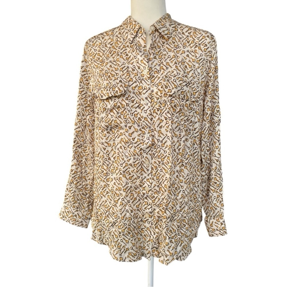 Chicos Womens Long Sleeve Antique Key Print Yellow Blouse